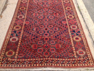 Antique Beshir main carpet. All good natural colors with a rich red and nice yellow highlights. Eye catching large main border with a quirky design shift at one end. As found, no  ...