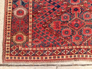 Antique Beshir main carpet. All good natural colors with a rich red and nice yellow highlights. Eye catching large main border with a quirky design shift at one end. As found, no  ...