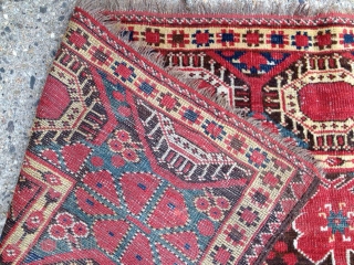 Antique Beshir main carpet. All good natural colors with a rich red and nice yellow highlights. Eye catching large main border with a quirky design shift at one end. As found, no  ...