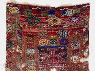 Early east Anatolian Kurdish pile rug fragment. Splendid natural colors with saturation rarely found outside these beautiful weavings. Good fleecy pile with scattered wear, holes, tears and brown oxidation. Edges unraveling. Remnant  ...