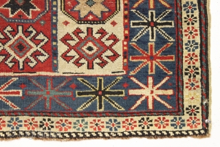 antique caucasian prayer rug with an unusual and interesting design. Eye catching large red hands and big scale columnar, totemic field. All natural colors. As found, with overall mostly even low pile,  ...