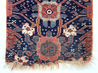 Antique Persian carpet fragment. Classic Mina khanhi design. Likely bidjar origin, thick with depressed weave. Lovely colors. All wool. Late 19th c. 22” x 49”        