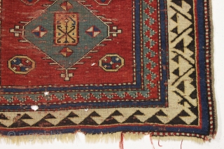 antique small kazak prayer rug. Nicely drawn version of a classic type. All natural colors. A delectable morsel and evidently the moths thought so as well. "as found", dirty with scattered nibbles,  ...