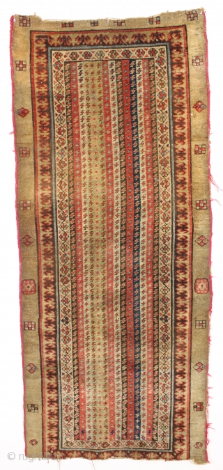 antique serab rug with an unusual cane design field and nice smaller size. "as found", very very dirty with decent pile but rough ends and priced accordingly. Horrible modern selvage wrapping but  ...