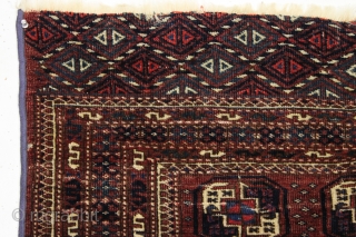 Another fun little turkoman rug. Size of a little tekke rug but looks saryk to me. "As found", decent pile with a few small creases as shown. Sides machine wrapped. Colors look  ...