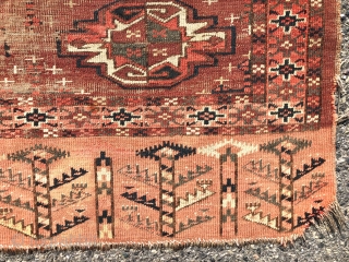 Antique turkman yomud chuval with some interesting design features but in rough condition. Large main guls and an unusual minor gul paired with an attractive skirt panel. As found this week, very  ...