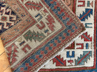 Antique “dazzling” tribal rug. Kazak or Kurdish? Good drawing, good pile, good colors. Time to empty the cedar chests. 19th c. 3’9” x 5’6”         