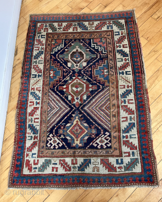 Antique “dazzling” tribal rug. Kazak or Kurdish? Good drawing, good pile, good colors. Time to empty the cedar chests. 19th c. 3’9” x 5’6”         