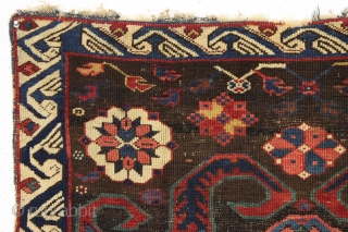 Antique caucasian rug. Eye catching and archaic drawing. Offered earlier in damaged state with numerous holes, now repaired. Not something you find often. 3'4" x 5'5"        ...