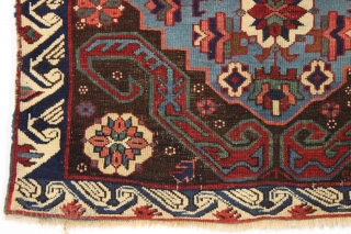 Antique caucasian rug. Eye catching and archaic drawing. Offered earlier in damaged state with numerous holes, now repaired. Not something you find often. 3'4" x 5'5"        ...