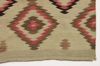 old small navajo rug with an interesting design and overall fair condition. "as found", dirty but still floppy handle and I see a small hole or two barely showing. No color run.  ...