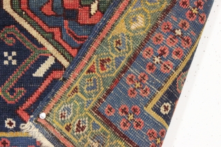 antique tiny kuba rug with an attractive green chi chi type border. Very unusual little rug caucasian rug with all natural colors. Even low pile. Clean. good age, ca. 1875. 2'1" x  ...