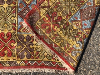 Antique Turkish village prayer rug. Simple, dramatic drawing. Good saturated natural colors including a rich tomato red, strong yellow, sky blues, lovely greens and a nice old aubergine. Overall low pile with  ...