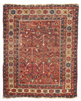 antique caucasian shirvan rug. Interesting design. As found, dirty with even low pile and some wear as shown. Natural colors. Restorable. Good age, ca. 1880. Nice squarish size.  4'4" x 5'4" 