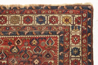 antique caucasian shirvan rug. Interesting design. As found, dirty with even low pile and some wear as shown. Natural colors. Restorable. Good age, ca. 1880. Nice squarish size.  4'4" x 5'4" 