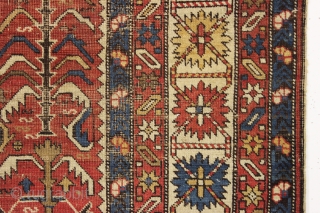 antique caucasian shirvan rug. Interesting design. As found, dirty with even low pile and some wear as shown. Natural colors. Restorable. Good age, ca. 1880. Nice squarish size.  4'4" x 5'4" 