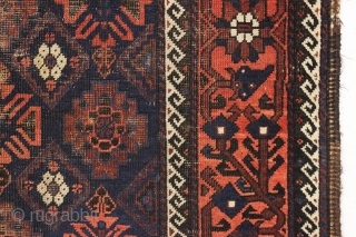antique baluch rug. One of a group recently picked out of a local Boston area home. Interesting older mina hani design with a very attractive border. All natural colors. Wear and oxidation  ...