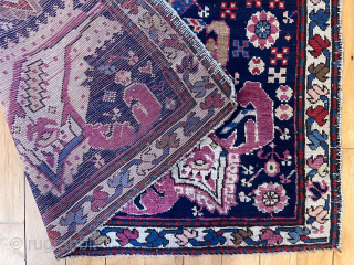 Out of the cedar chest. Uncommon Caucasian Goradis long rug. Best I’ve seen. Fine condition. Great color. Always makes me smile when unrolled. 19th c. 3’9” x 7’10”     