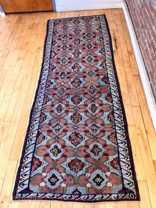 Out of the cedar chest. Kuba seichour long rug in near original excellent condition. Fine weave. Great color. Sophisticated figure ground design. Ca. 1875 or earlier.
3’4” x 8’9”     