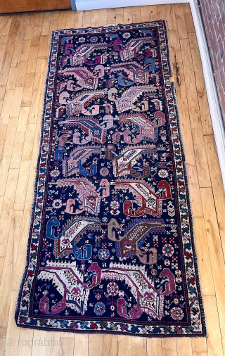 Out of the cedar chest. Uncommon Caucasian Goradis long rug. Best I’ve seen. Fine condition. Great color. Always makes me smile when unrolled. 19th c. 3’9” x 7’10”     