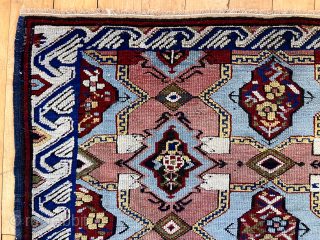 Out of the cedar chest. Kuba seichour long rug in near original excellent condition. Fine weave. Great color. Sophisticated figure ground design. Ca. 1875 or earlier.
3’4” x 8’9”     