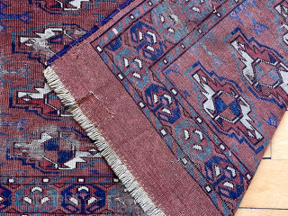 Out of the cedar chest. Early turkman Chuval. Lovely old colors. Uncommon border. Persian knotted open right. As found. 26” x 45”           