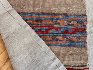 Early Anatolian kelim fragment. Attractive striped design. Sewn onto cloth backing. Lovely old colors. Mid 19th c. or earlier. Kelim  22” x  68” waynecbarron@aol.com       