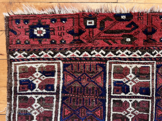 Older Baluch bagface. Rare design. As found. 19th c.  2’ 7” x 2’ 11”                  