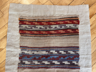 Early Anatolian kelim fragment. Attractive striped design. Sewn onto cloth backing. Lovely old colors. Mid 19th c. or earlier. Kelim  22” x  68” waynecbarron@aol.com       