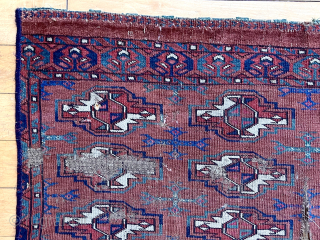 Out of the cedar chest. Early turkman Chuval. Lovely old colors. Uncommon border. Persian knotted open right. As found. 26” x 45”           