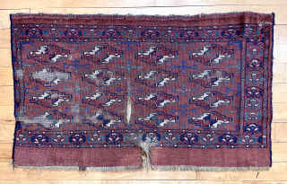 Out of the cedar chest. Early turkman Chuval. Lovely old colors. Uncommon border. Persian knotted open right. As found. 26” x 45”           