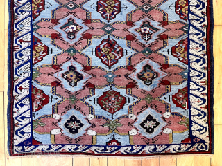 Out of the cedar chest. Kuba seichour long rug in near original excellent condition. Fine weave. Great color. Sophisticated figure ground design. Ca. 1875 or earlier.
3’4” x 8’9”     