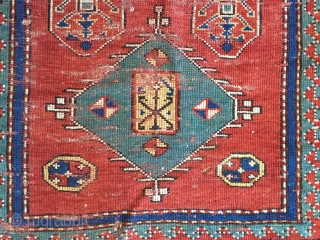 Early very small Kazak prayer rug. spacious drawing and rich saturated natural colors. As found, dirty with wear, holes, old moth damage, end loss. Storage clean out price. Good age, 3rd qtr.  ...