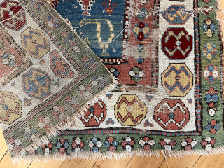 Out of the cedar chests. Early Caucasian rug with uncommon field. Great old colors. Truly non commercial. What Brim used to deliver. Not perfect condition. First half 19th c. 3’6” x 6’9” 