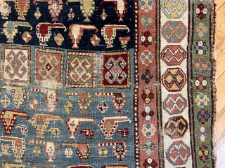 Out of the cedar chests. Early Caucasian rug with uncommon field. Great old colors. Truly non commercial. What Brim used to deliver. Not perfect condition. First half 19th c. 3’6” x 6’9” 