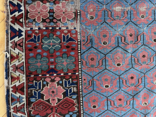 Out of the cedar chests. Early kuba seichour rug. Uncommon field and eye catching borders (a border type I liked very much and collected). Great color. Fine weave. Not perfect condition. Mid  ...