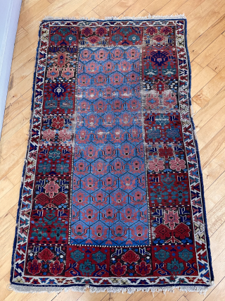 Out of the cedar chests. Early kuba seichour rug. Uncommon field and eye catching borders (a border type I liked very much and collected). Great color. Fine weave. Not perfect condition. Mid  ...