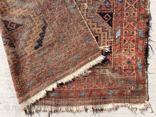 Out of the cedar chests. Lovely older Baluch rug with uncommon design and vivid electric light blues. Soft cloth like handle. Turkish knotted. Not perfect condition. 19th c. 37” x 65”  