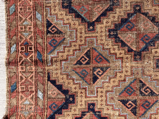 Out of the cedar chests. Lovely older Baluch rug with uncommon design and vivid electric light blues. Soft cloth like handle. Turkish knotted. Not perfect condition. 19th c. 37” x 65”  