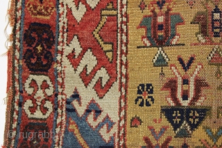 Antique caucasian mystery rug. Terrific design. All natural colors with extreme abrash. "as found", very dirty with some center wear as shown. Original selvages. I see no repairs. Elements of kazak type  ...