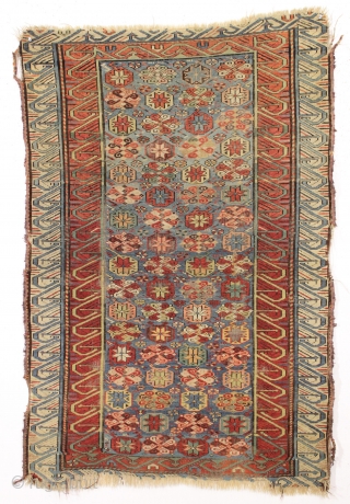 Antique seichour rug. Unusual and fresh, meaning very very dirty, rug with a novel design I have not seen before. The weaver liked the large Georgian border so much she used it  ...