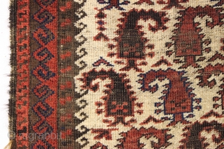 antique small ivory ground baluch rug. Nicely drawn example of a rare design. "as found", with wear and edge roughness as shown. Priced accordingly. Good age, ca. 1880 or earlier. 2'11" x  ...