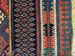 Antique kurdish rug fragment. Terrific design. All natural colors. As found with wear, damage and shortened in length. Storage clean out priced. 19th c. 3'7" x 4'8"      