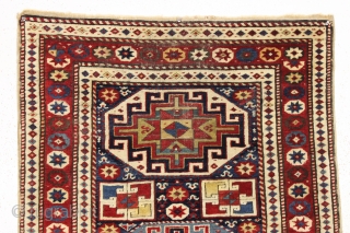 antique caucasian shirvan or moghan rug in an unusually small size. As found, overall mostly good even pile with a couple small areas of wear as shown. All natural colors. Original selvages  ...