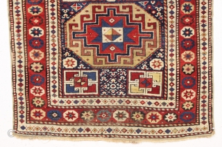 antique caucasian shirvan or moghan rug in an unusually small size. As found, overall mostly good even pile with a couple small areas of wear as shown. All natural colors. Original selvages  ...