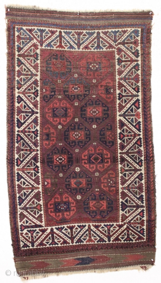 antique little baluch rug with an unusual and attractive border. Interesting allover large scale field design and an eye catching ivory main border. As found, very dirty with allover good pile. Turkish  ...