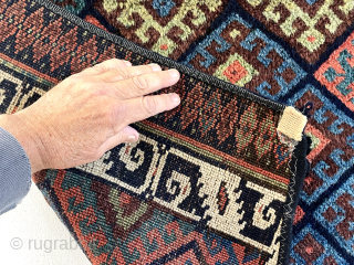 Out of the cedar chests. Jaf Kurd diamond bagface with an uncommon, possibly unique border. Great pile, great old colors. 19th c. 25” x 36”        