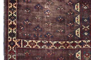 Antique yomud ensi or small rug. Unusually spacious drawing and interesting end panels. Rich deep purple ground and all natural colors. Wear, corrosion, damage as shown. Washed. Glossy wool. Difficult to photograph  ...