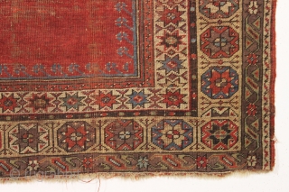 Early turkish mudjar prayer rug. Unusual and attractive borders. As found, very dirty with heavy wear and some damage as shown. All good natural colors.  Other than some edge wrapping I  ...