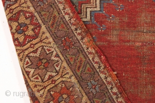 Early turkish mudjar prayer rug. Unusual and attractive borders. As found, very dirty with heavy wear and some damage as shown. All good natural colors.  Other than some edge wrapping I  ...